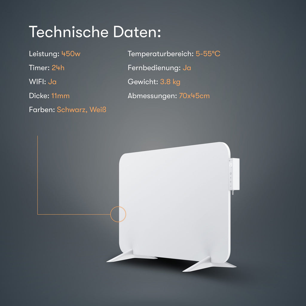 450 Watt Elektroheizung, mit Smart Thermostat, WiFI & App, bis 10m²