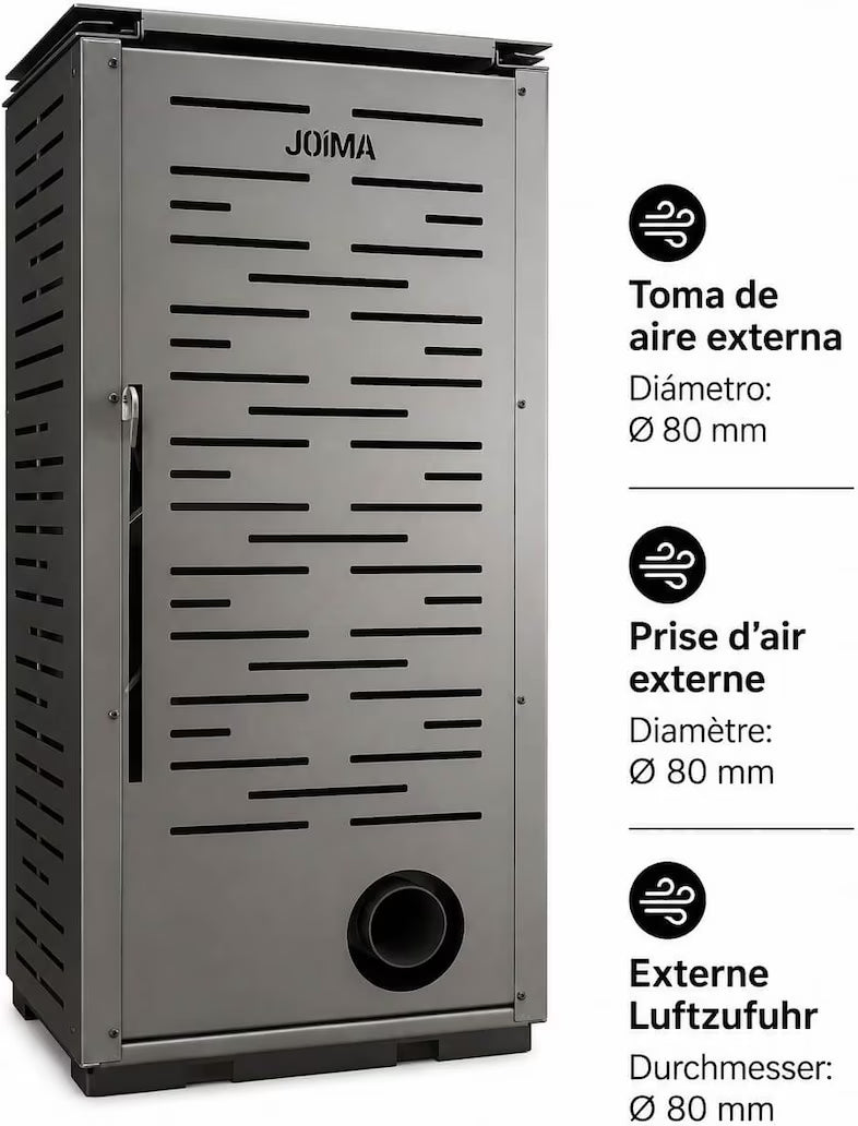 JOIMA – Pelletofen ohne Strom Modell NATUR STYLE 8 kW. Es funktioniert ohne Anschluss an das Stromnetz. Farbe Braune