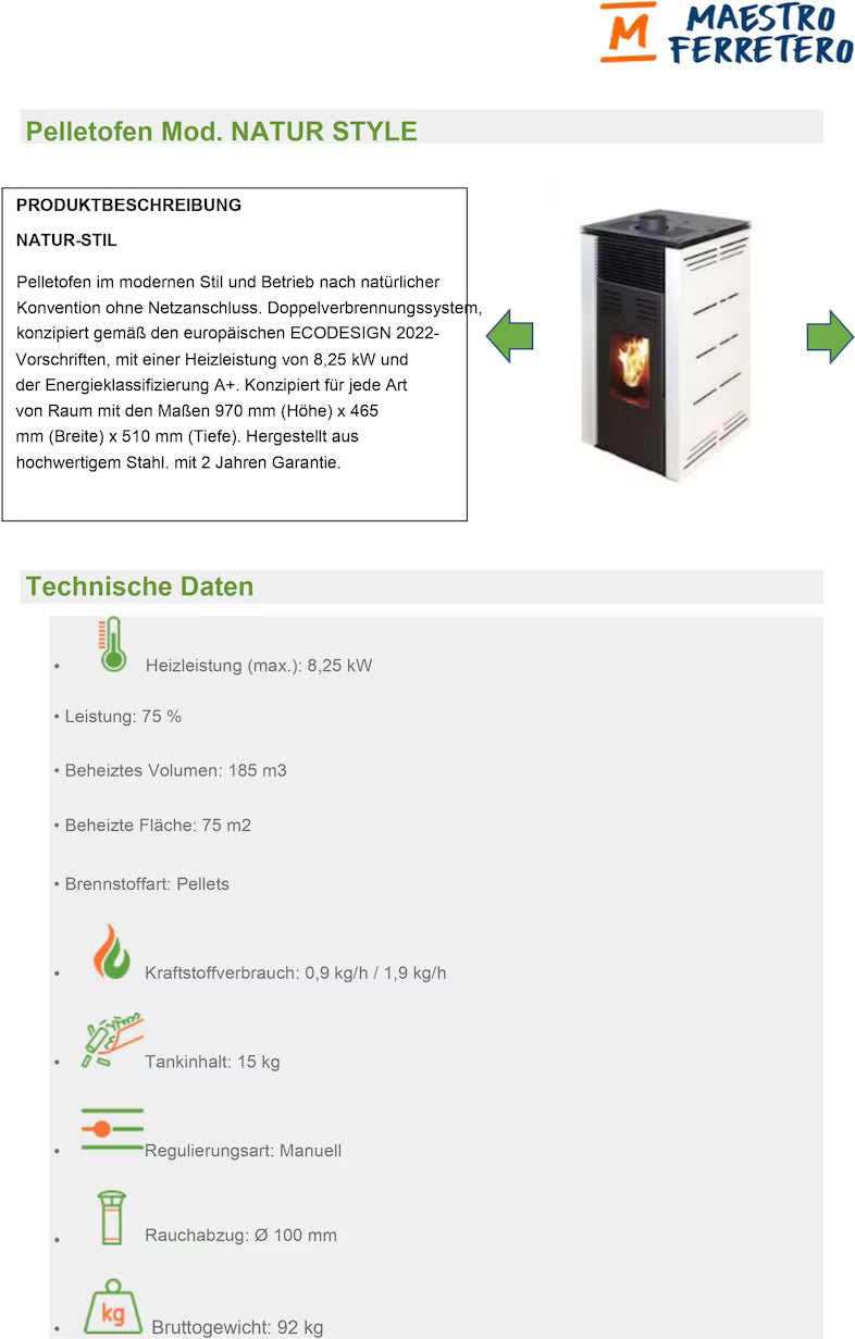 JOIMA – Pelletofen ohne Strom Modell NATUR STYLE 8 kW. Es funktioniert ohne Anschluss an das Stromnetz. Farbe Burgunderrote