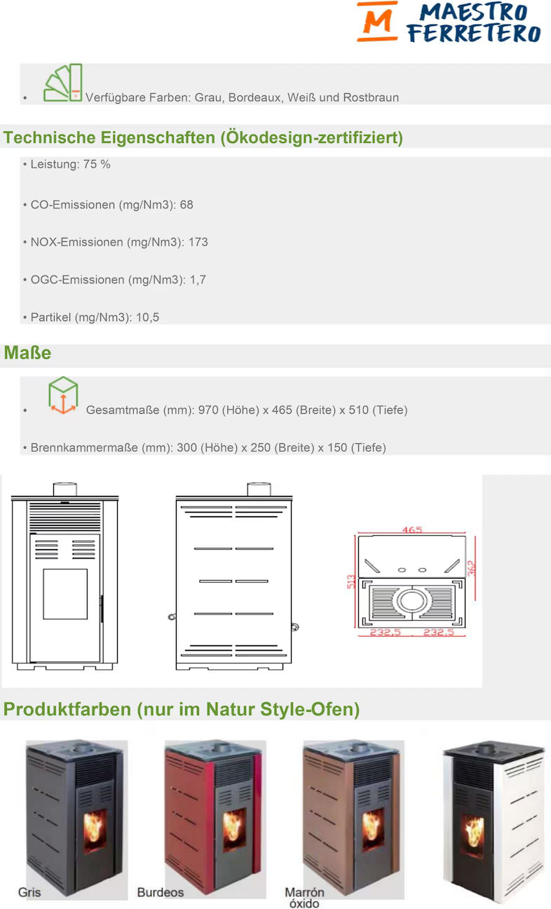 JOIMA – Pelletofen ohne Strom Modell NATUR STYLE 8 kW. Es funktioniert ohne Anschluss an das Stromnetz. Farbe Burgunderrote