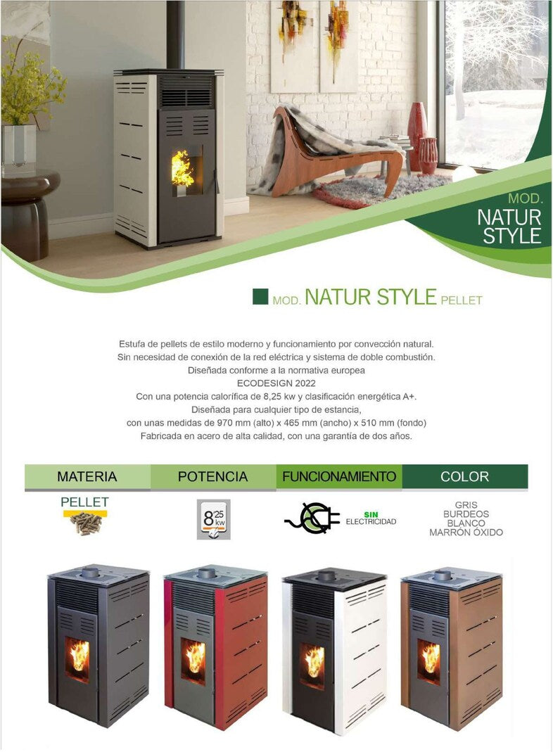 JOIMA – Pelletofen ohne Strom Modell NATUR STYLE 8 kW. Es funktioniert ohne Anschluss an das Stromnetz. Farbe Schwarz