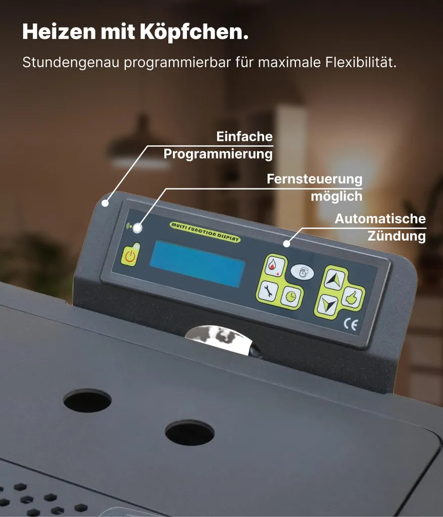 NEMAXX® P6 Pelletofen 6 kW A+ bis 120 m³ – Auto-Reinigungszyklus, ECO-Modus, Wochenprogramm & mechanische Reinigungsunterstützung – Schwarz